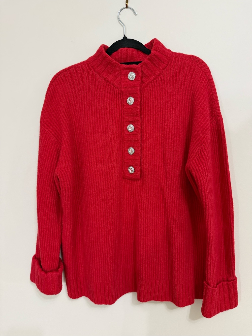 Talbots Women’s Sz L Red Ribbed Button-Placket Turtleneck Sweater Soft Beautiful